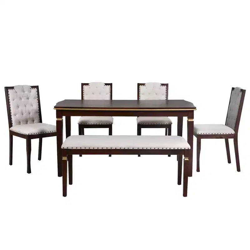 Ensemble de salle à manger rétro 6 pièces, table rectangulaire et 4 chaises touffetées à dossier haut et banc, ensemble de salle à manger en bois pour 6 personnes