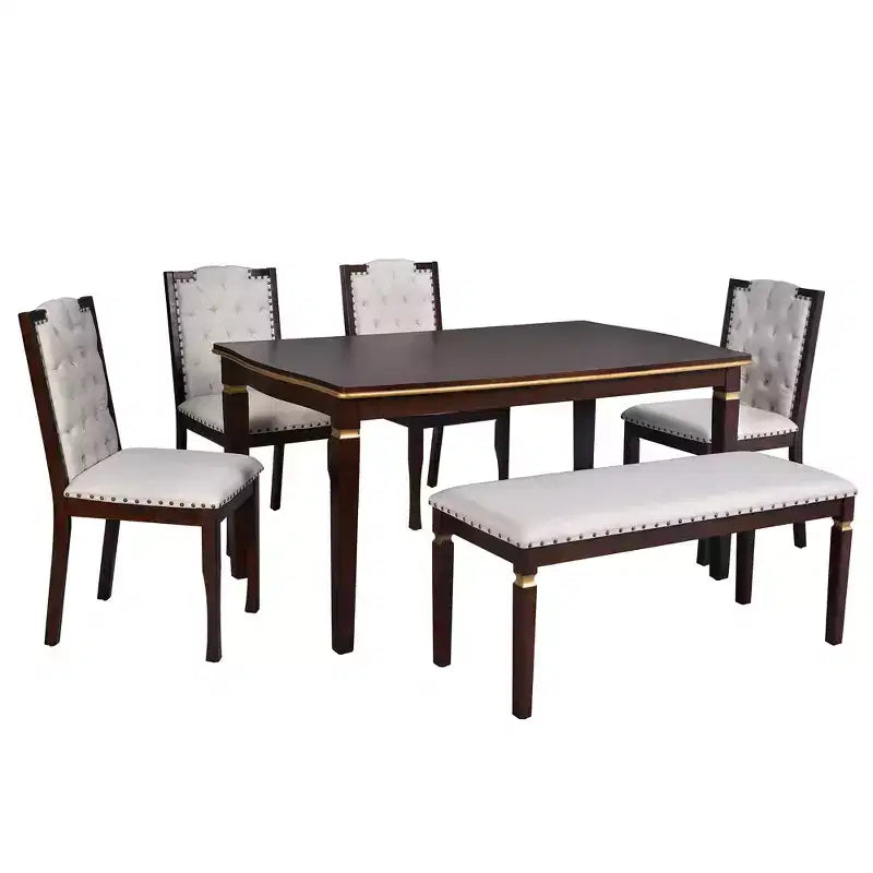 Ensemble de salle à manger rétro 6 pièces, table rectangulaire et 4 chaises touffetées à dossier haut et banc, ensemble de salle à manger en bois pour 6 personnes