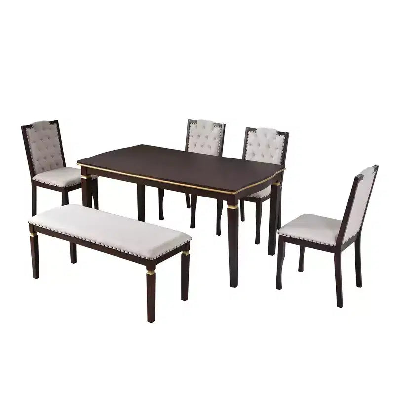 Ensemble de salle à manger rétro 6 pièces, table rectangulaire et 4 chaises touffetées à dossier haut et banc, ensemble de salle à manger en bois pour 6 personnes