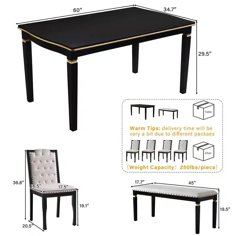 Ensemble de salle à manger rétro 6 pièces, table rectangulaire et 4 chaises touffetées à dossier haut et banc, ensemble de salle à manger en bois pour 6 personnes