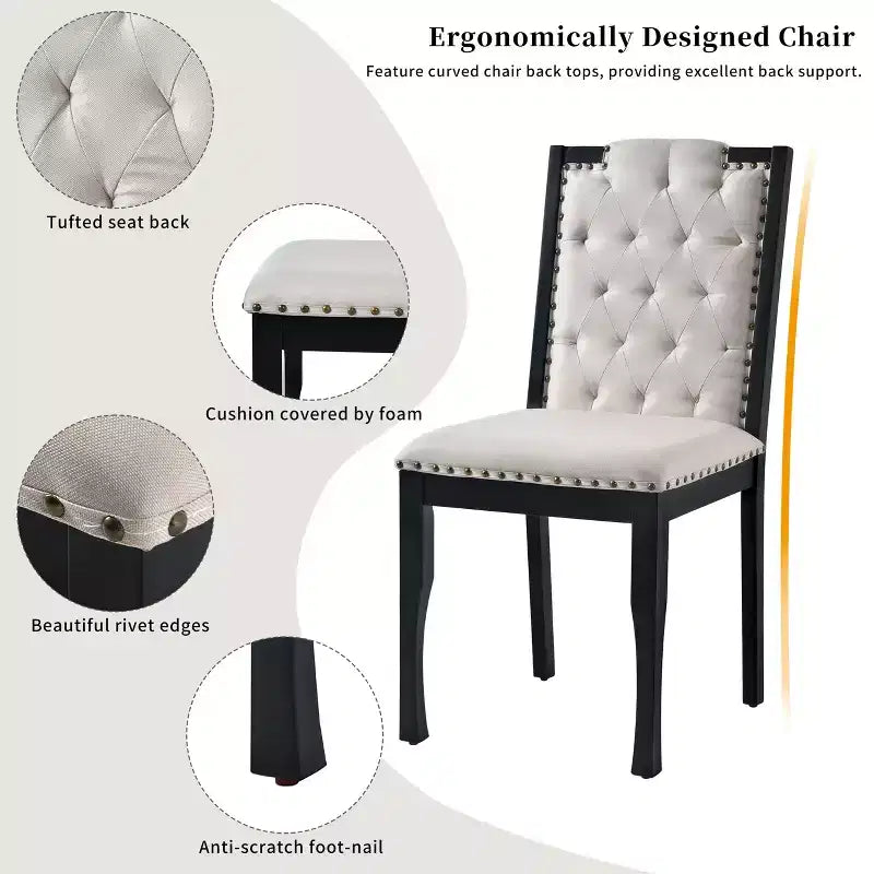 Ensemble de salle à manger rétro 6 pièces, table rectangulaire et 4 chaises touffetées à dossier haut et banc, ensemble de salle à manger en bois pour 6 personnes