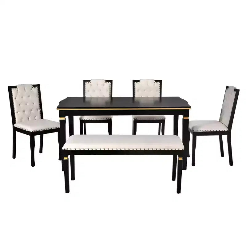 Ensemble de salle à manger rétro 6 pièces, table rectangulaire et 4 chaises touffetées à dossier haut et banc, ensemble de salle à manger en bois pour 6 personnes