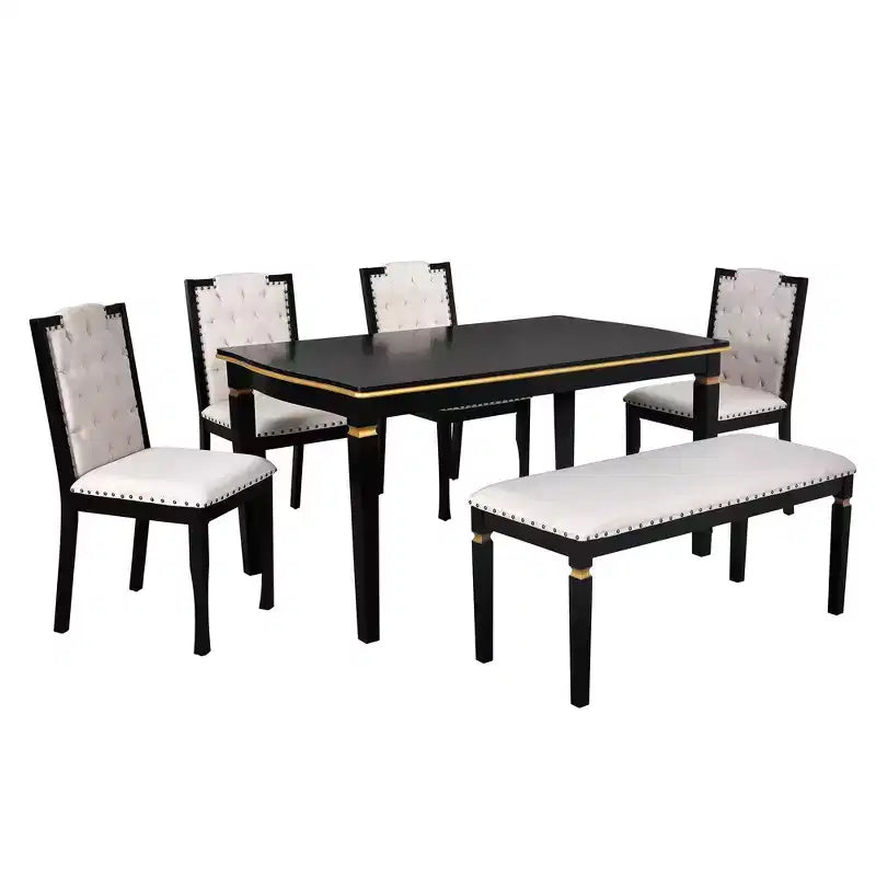 Ensemble de salle à manger rétro 6 pièces, table rectangulaire et 4 chaises touffetées à dossier haut et banc, ensemble de salle à manger en bois pour 6 personnes