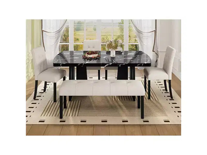 Ensemble de table à manger effet marbre pour 6 personnes, table à manger rectangulaire 6 pièces avec 4 chaises rembourrées et 1 banc pour salle à manger