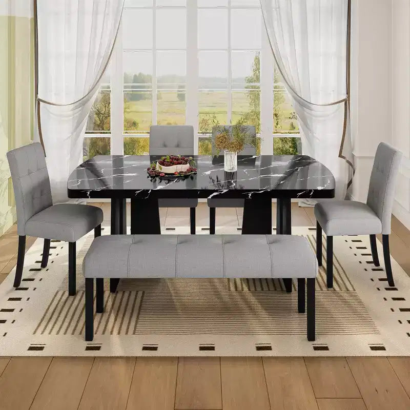Ensemble de table à manger effet marbre pour 6 personnes, table à manger rectangulaire 6 pièces avec 4 chaises rembourrées et 1 banc pour salle à manger