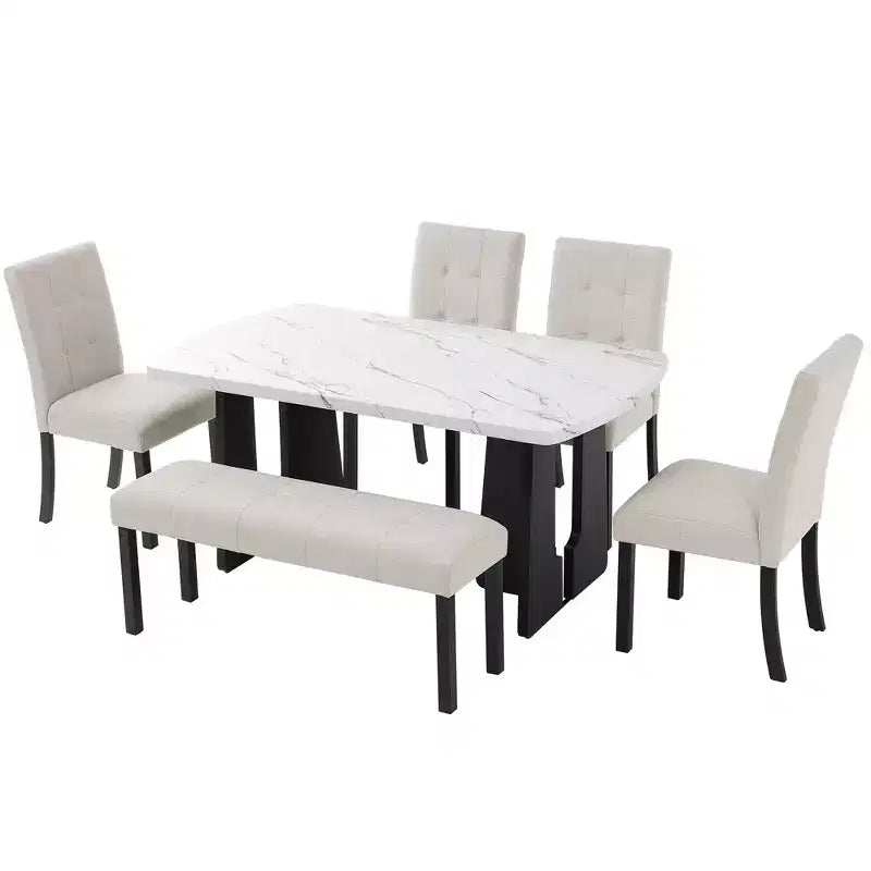Ensemble de table à manger effet marbre pour 6 personnes, table à manger rectangulaire 6 pièces avec 4 chaises rembourrées et 1 banc pour salle à manger