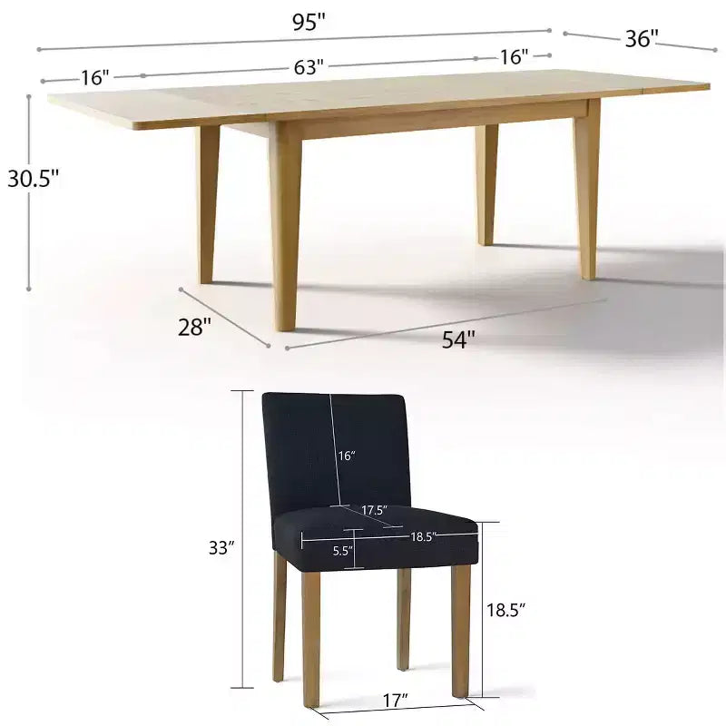 Ensemble de salle à manger extensible pour 8, table rectangulaire avec rallonges amovibles et chaises en lin sans accoudoirs, avec pieds en bois massif-Panipeachy