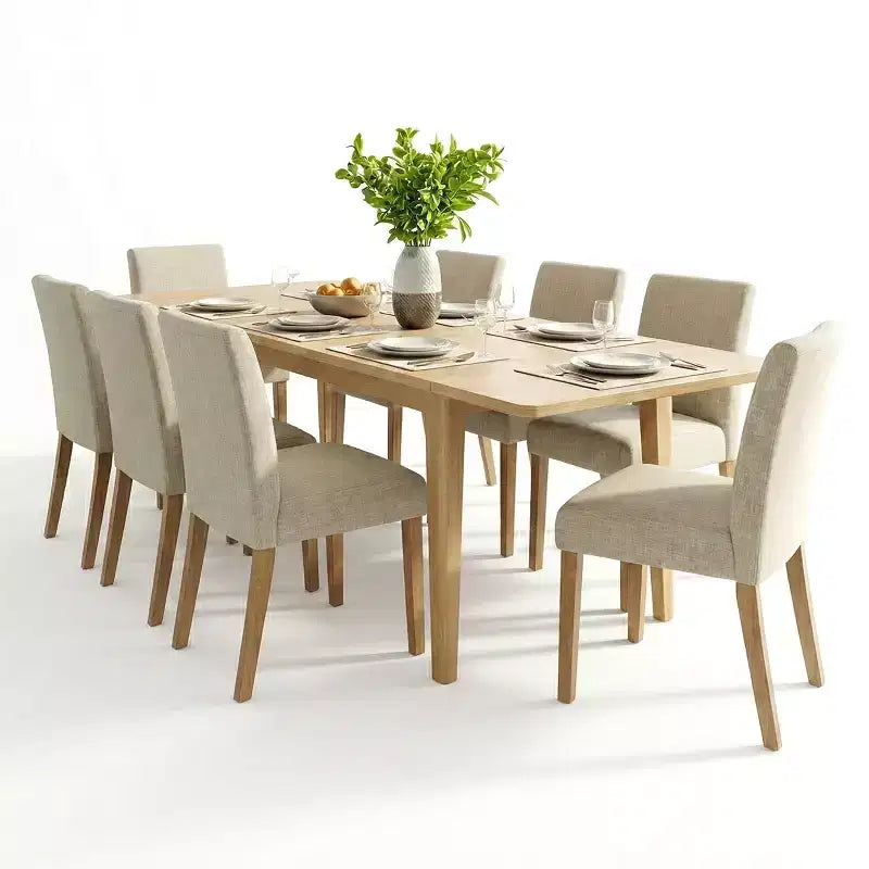Ensemble de salle à manger extensible pour 8, table rectangulaire avec rallonges amovibles et chaises en lin sans accoudoirs, avec pieds en bois massif-Panipeachy