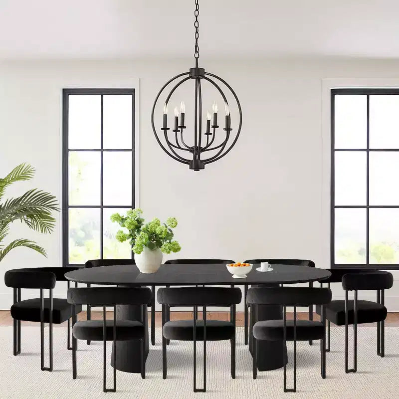Ensemble de table à manger ronde extensible à ovale avec 8 chaises en velours, ensemble de salle à manger à pied central 3-en-1, pour 4 à 8 personnes, ensemble de salle à manger moderne - Panipeachy