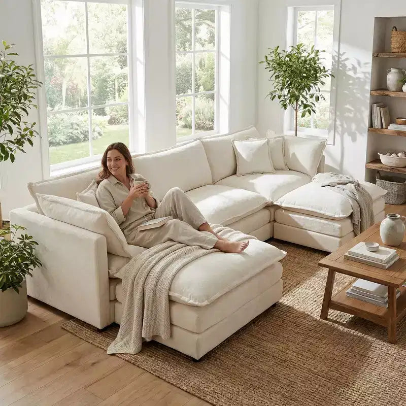 Canapé d'angle modulaire en chenille en forme de U Homy Casa avec poufs réversibles, confort coussiné profond, beige