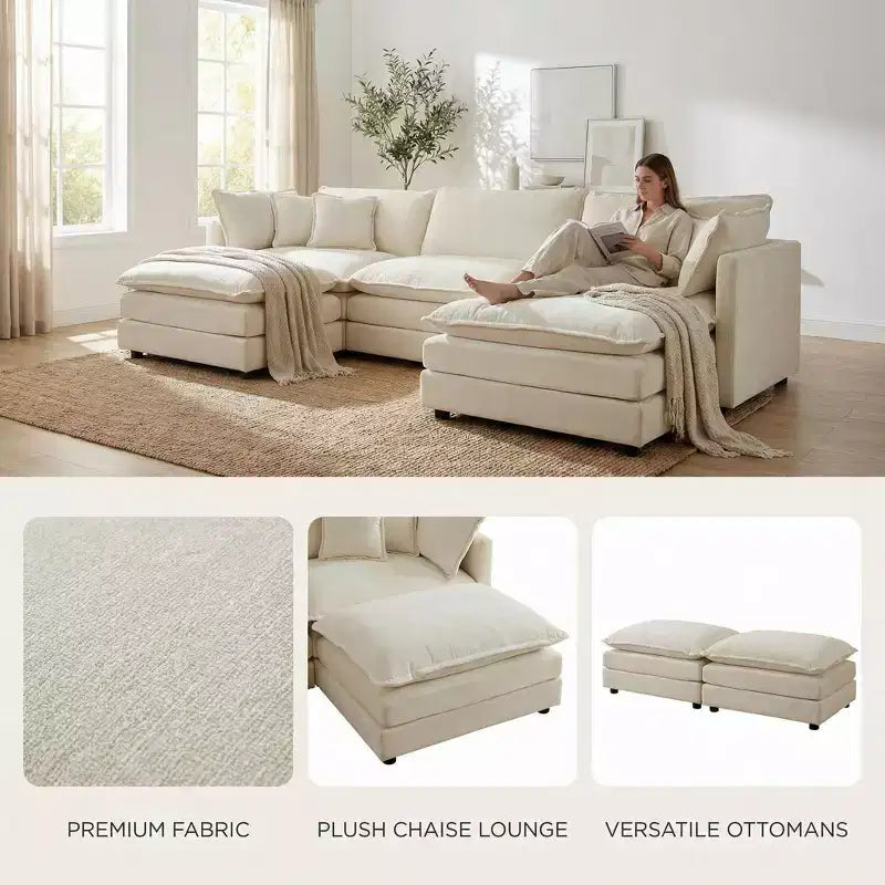 Canapé d'angle modulaire en chenille en forme de U Homy Casa avec poufs réversibles, confort coussiné profond, beige