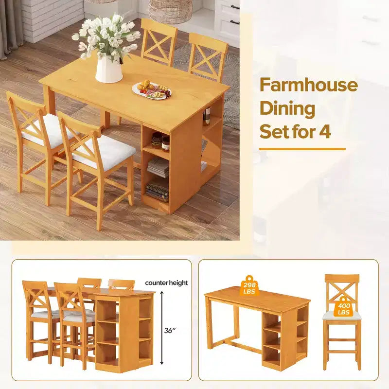 Ensemble Table de Salle à Manger et 4 Chaises en Bois Massif FurnitureR avec Étagères de Rangement, Table de Cuisine Rectangulaire et 4 Chaises pour Salle à Manger, Coin Repas, Appartement