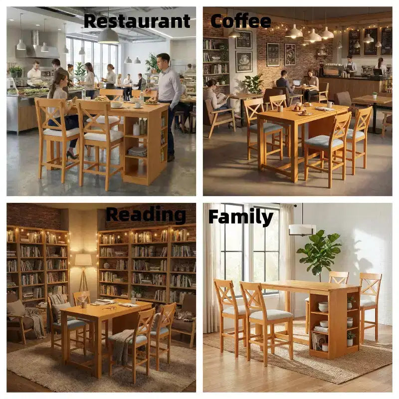 Ensemble Table de Salle à Manger et 4 Chaises en Bois Massif FurnitureR avec Étagères de Rangement, Table de Cuisine Rectangulaire et 4 Chaises pour Salle à Manger, Coin Repas, Appartement