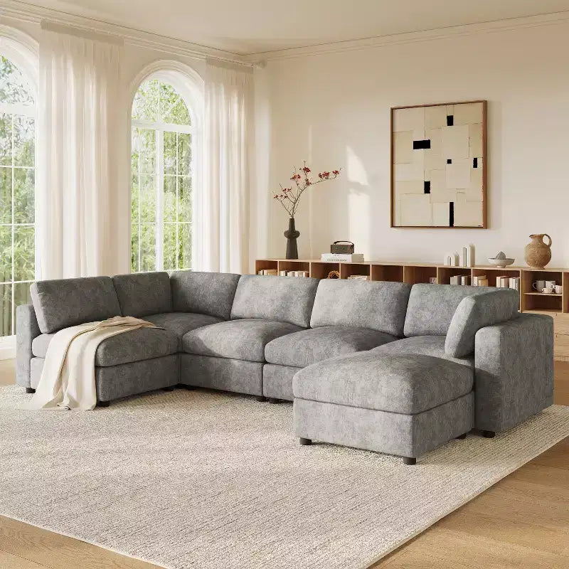 GDFStudio Hudson Canapé modulable d'angle 6 places moderne en chenille convertible en lit en forme de U avec pouf
