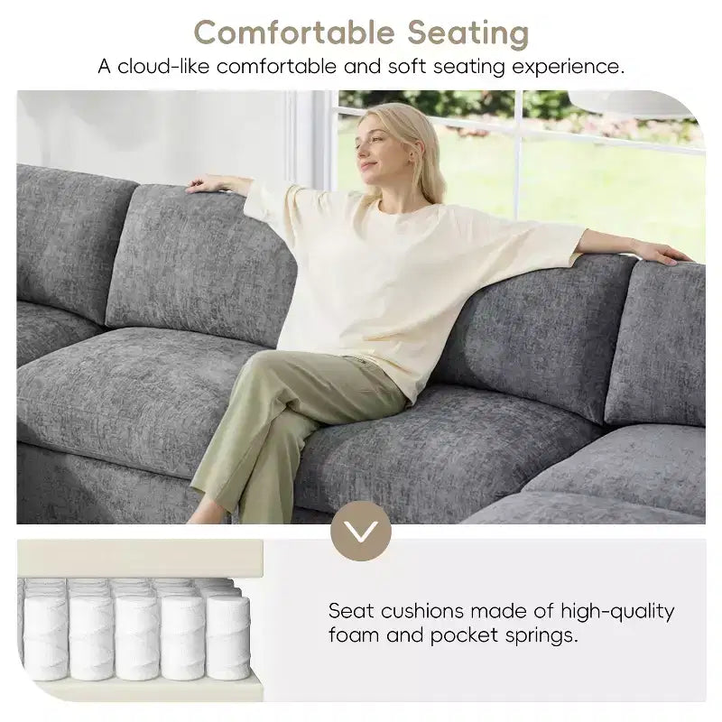 GDFStudio Hudson Canapé modulable d'angle 6 places moderne en chenille convertible en lit en forme de U avec pouf