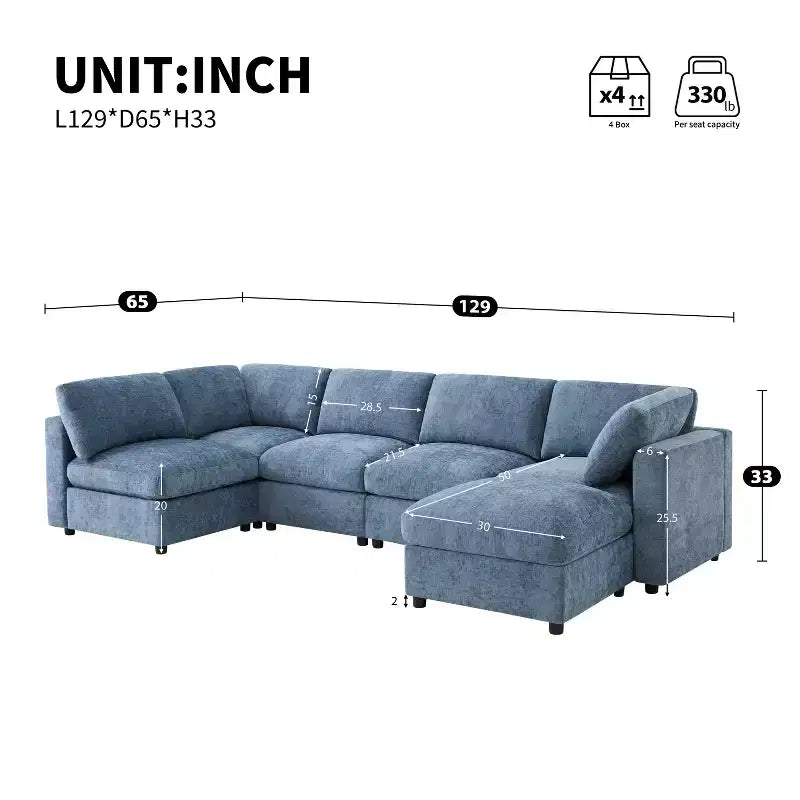 GDFStudio Hudson Canapé modulable d'angle 6 places moderne en chenille convertible en lit en forme de U avec pouf