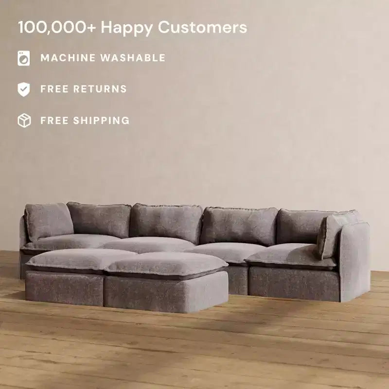 Canapé 4 places modulaire lavable Anabei + pouf banc | Assise Memorix+ et coussin profilé
