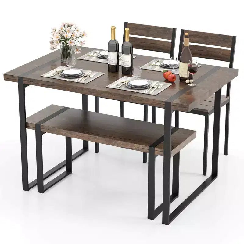 Ensemble de table à manger Costway 47 pour 4 personnes, table de cuisine en bois avec 2 chaises et banc, cadre en métal