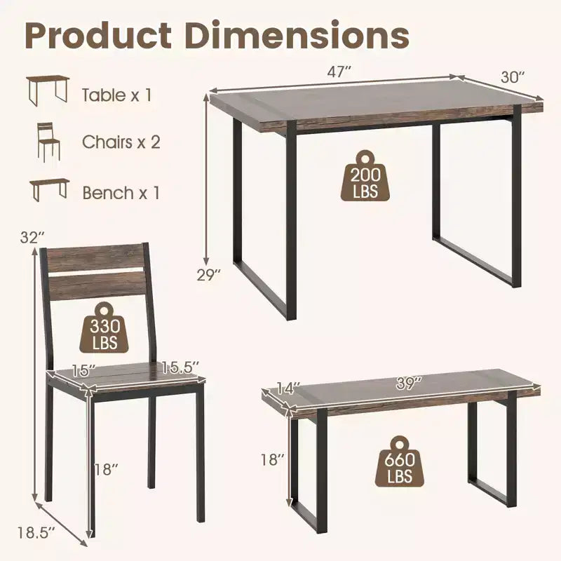 Ensemble de table à manger Costway 47 pour 4 personnes, table de cuisine en bois avec 2 chaises et banc, cadre en métal