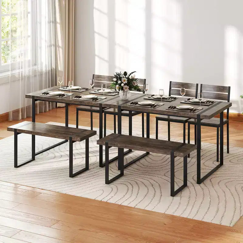 Ensemble de table à manger Costway 47 pour 4 personnes, table de cuisine en bois avec 2 chaises et banc, cadre en métal