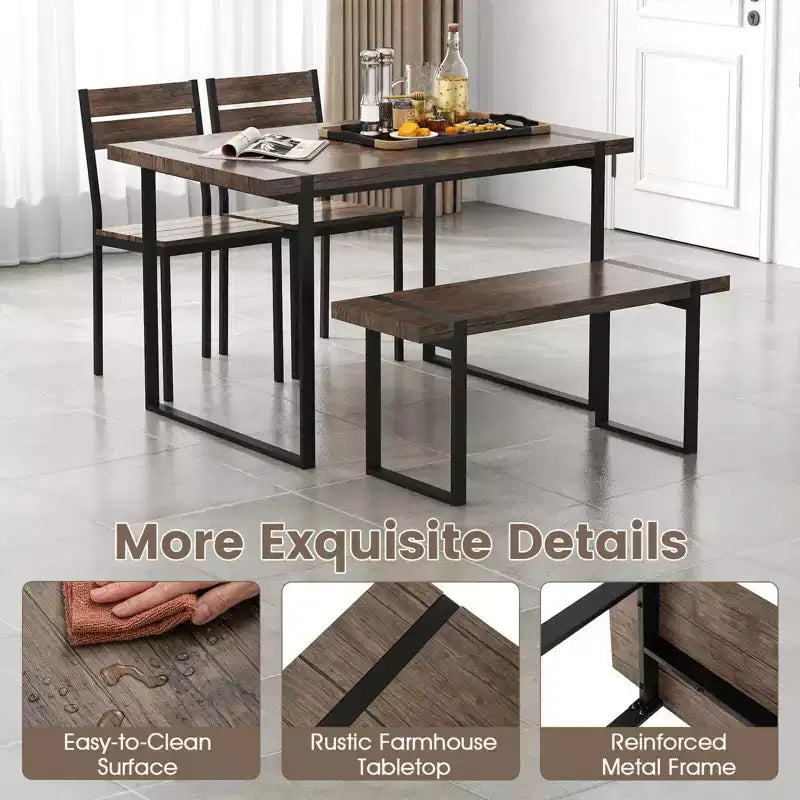 Ensemble de table à manger Costway 47 pour 4 personnes, table de cuisine en bois avec 2 chaises et banc, cadre en métal