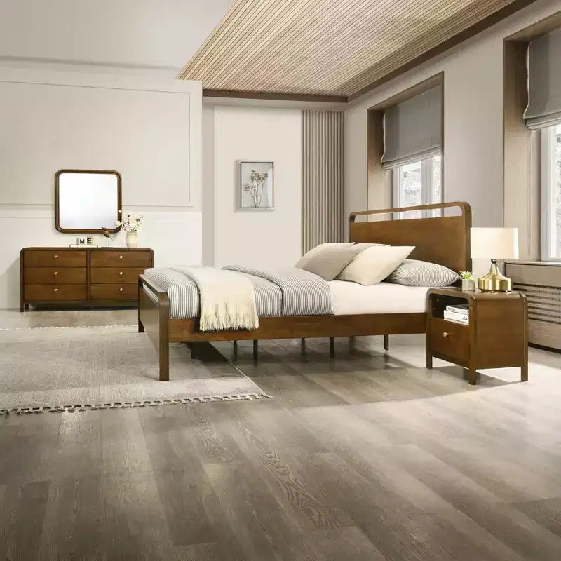 Ensemble de chambre à coucher en bois Eldren de Roundhill Furniture, lit plateforme avec commode, miroir et deux tables de nuit, finition noyer