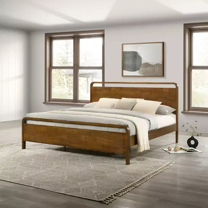 Ensemble de chambre à coucher en bois Eldren de Roundhill Furniture, lit plateforme avec commode, miroir et deux tables de nuit, finition noyer
