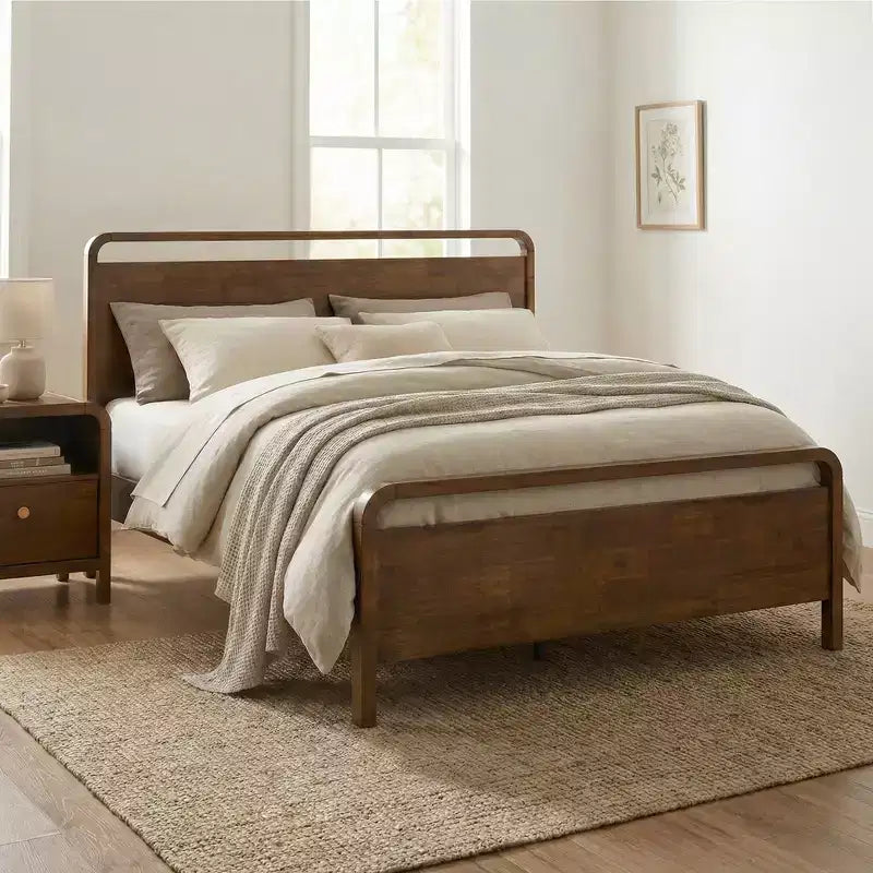 Ensemble de chambre à coucher en bois Eldren de Roundhill Furniture, lit plateforme avec commode, miroir et deux tables de nuit, finition noyer