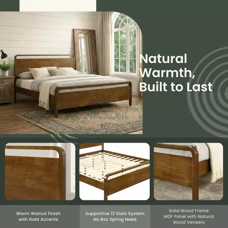 Ensemble de chambre à coucher en bois Eldren de Roundhill Furniture, lit plateforme avec commode, miroir et deux tables de nuit, finition noyer