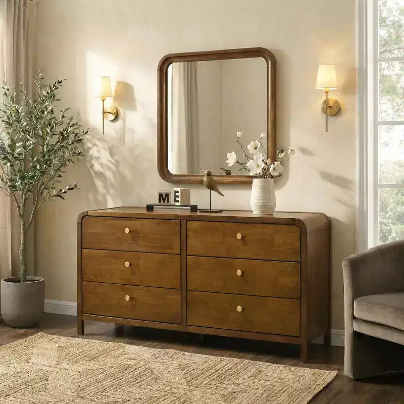 Ensemble de chambre à coucher en bois Eldren de Roundhill Furniture, lit plateforme avec commode, miroir et deux tables de nuit, finition noyer