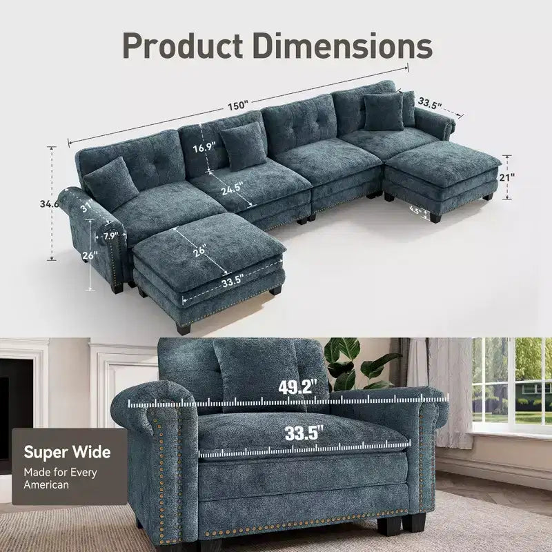 Canapé d'intérieur rembourré Captiva Designs avec pouf, cadre en bois massif, ressorts ensachés et coussins décoratifs