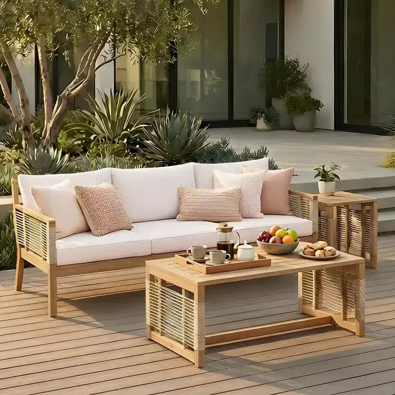 ModernLuxe Outdoor Conversation Sofa Set, Patio Acacia Wood Furniture Set, 3-Seater Sofa & Club Chairs with 2 Coffee Tables, Teak