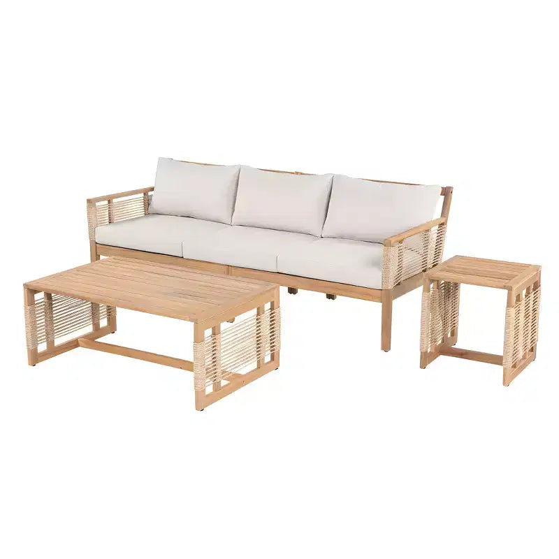 ModernLuxe – Salon de jardin avec canapé, mobilier de patio en bois d'acacia, canapé 3 places et fauteuils de club avec 2 tables basses, teck