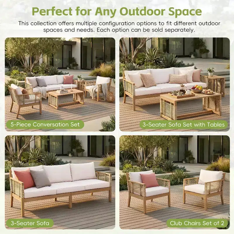 ModernLuxe – Salon de jardin avec canapé, mobilier de patio en bois d'acacia, canapé 3 places et fauteuils de club avec 2 tables basses, teck