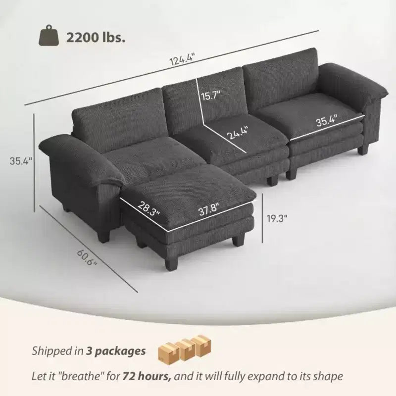 GDFStudio Huehi Canapé d'angle moderne en velours côtelé de 124 po avec pouf mobile