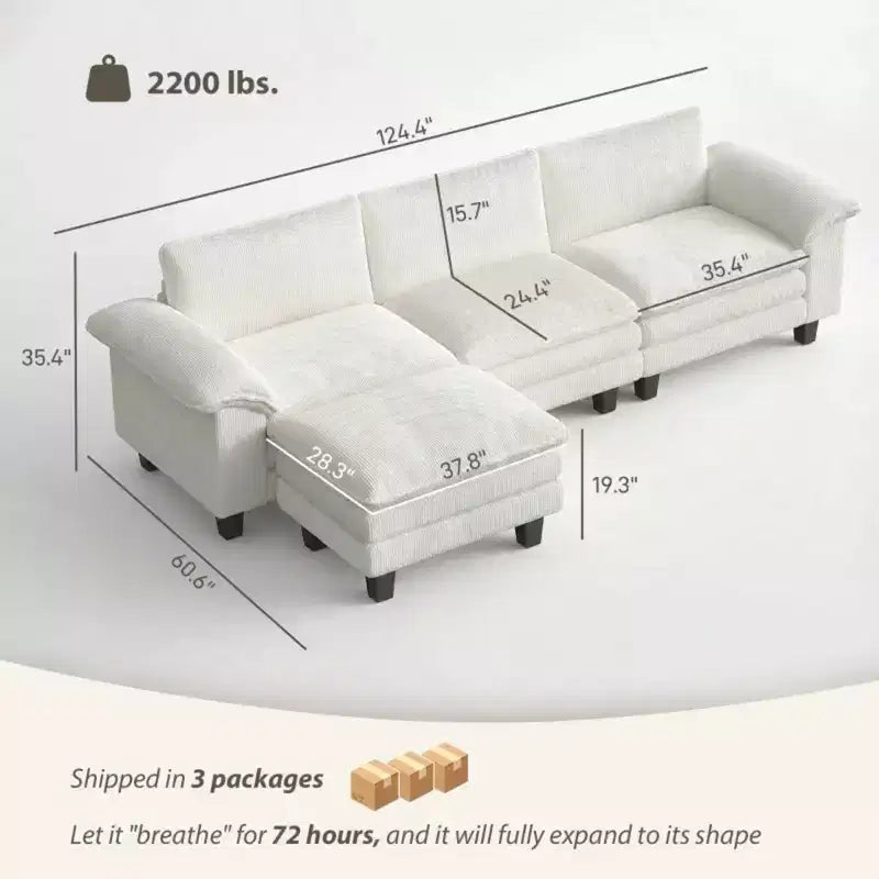 GDFStudio Huehi Canapé d'angle moderne en velours côtelé de 124 po avec pouf mobile