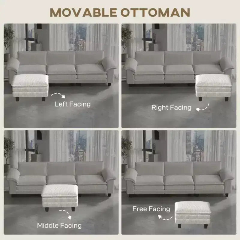GDFStudio Huehi Canapé d'angle moderne en velours côtelé de 124 po avec pouf mobile