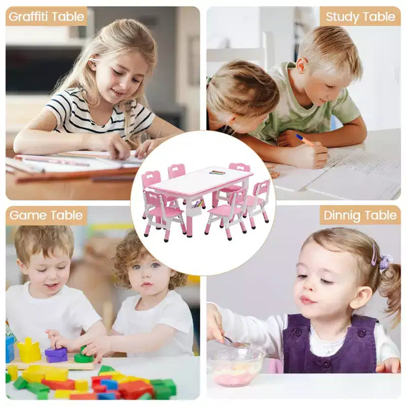 Ensemble table et 6 chaises réglables en hauteur pour enfants, plateau de table graffiti, pieds antidérapants, boîte de rangement, table d'activités pour tout-petits de 2 à 10 ans, maison, crèche