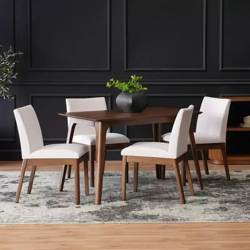 Modern Wood Dining Set for 4, 5 Pieces RectangularTable Set with 4 Upholstered Chairs for Dining Room Kitchen, Light beige,Walnut