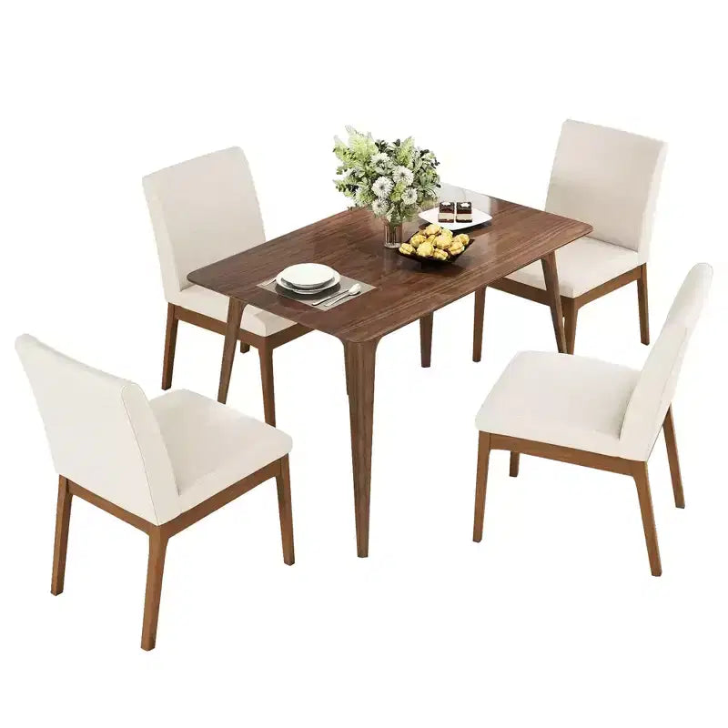 Ensemble de salle à manger moderne en bois pour 4 personnes, ensemble de 5 pièces avec table rectangulaire et 4 chaises rembourrées pour salle à manger et cuisine, beige clair, noyer