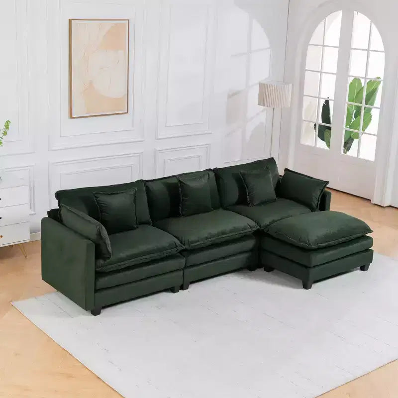 Canapé d'angle modulable 3 places GDFStudio Fairmont 113,77 en tissu chenille avec pouf et coussins lombaires