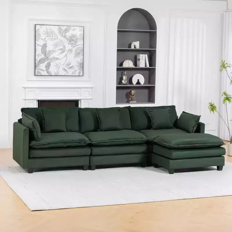 Canapé d'angle modulable 3 places GDFStudio Fairmont 113,77 en tissu chenille avec pouf et coussins lombaires