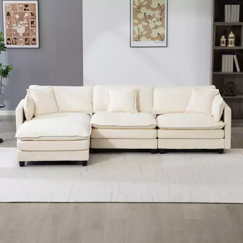Canapé d'angle modulable 3 places GDFStudio Fairmont 113,77 en tissu chenille avec pouf et coussins lombaires