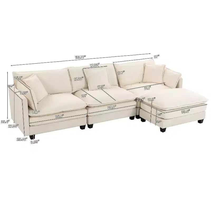 Canapé d'angle modulable 3 places GDFStudio Fairmont 113,77 en tissu chenille avec pouf et coussins lombaires