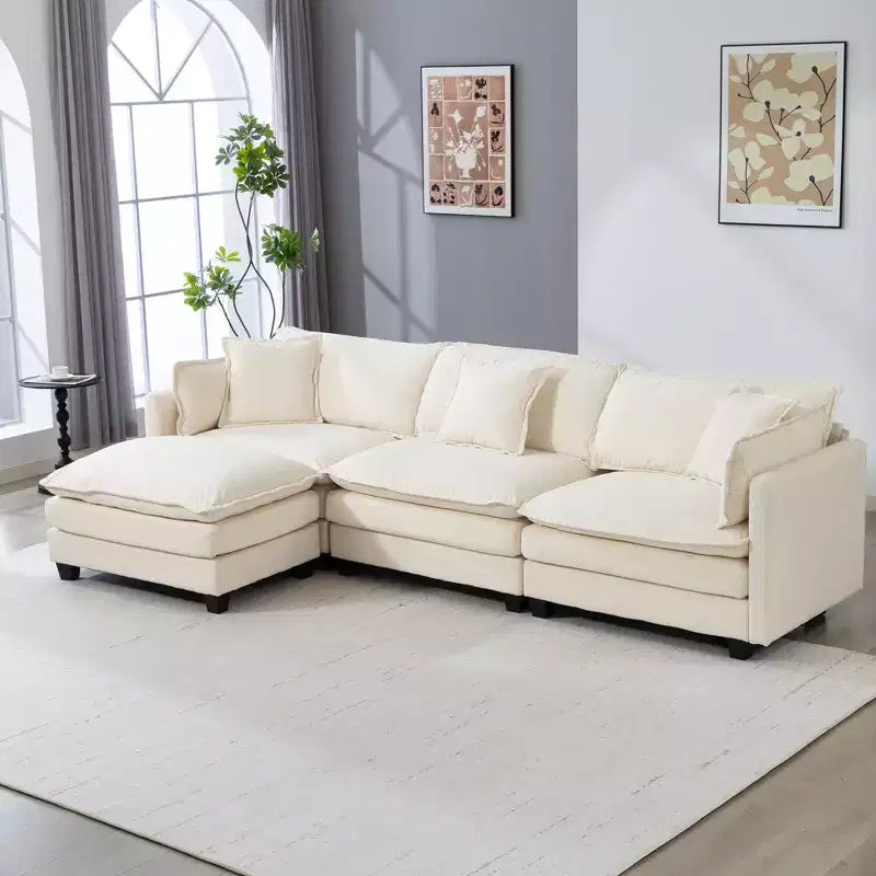 Canapé d'angle modulable 3 places GDFStudio Fairmont 113,77 en tissu chenille avec pouf et coussins lombaires