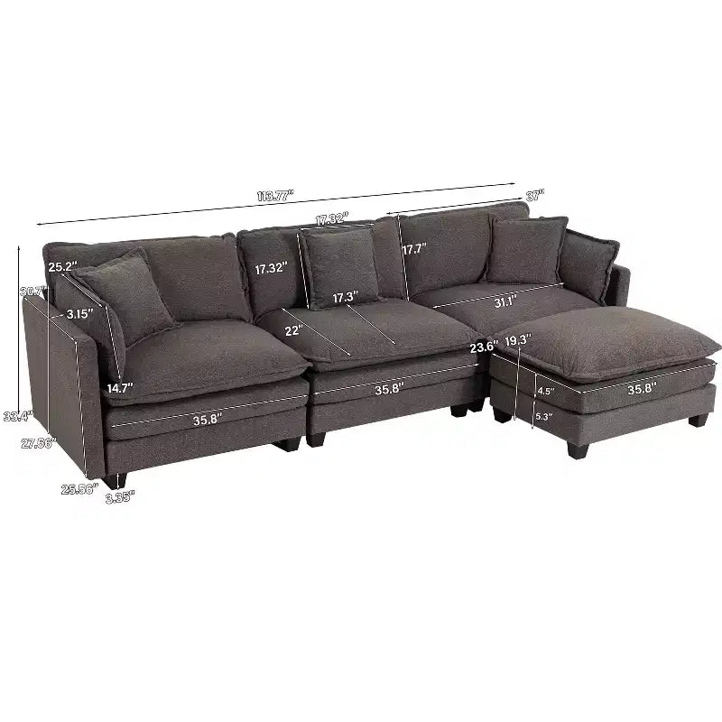 Canapé d'angle modulable 3 places GDFStudio Fairmont 113,77 en tissu chenille avec pouf et coussins lombaires