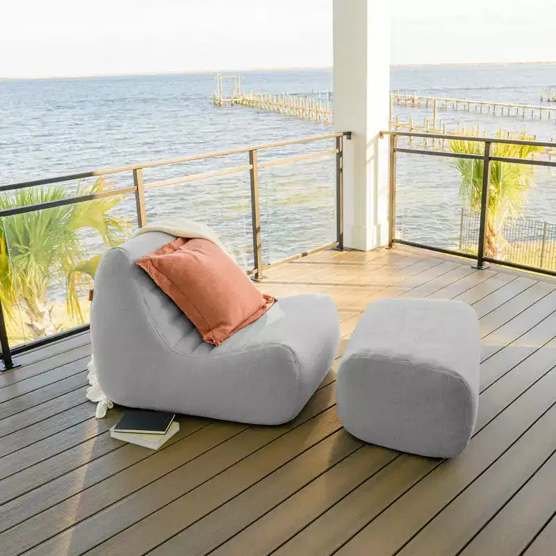 Grand ensemble de meubles de patio d'extérieur Joe Solvana, fauteuil et pouf en tissu de lin résistant aux intempéries, sectionnel 2 pièces, gris portuaire