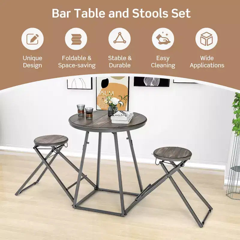 Ensemble table de bar 3 pièces Costway Table de salle à manger ronde et 2 tabourets pliables avec cadre en métal