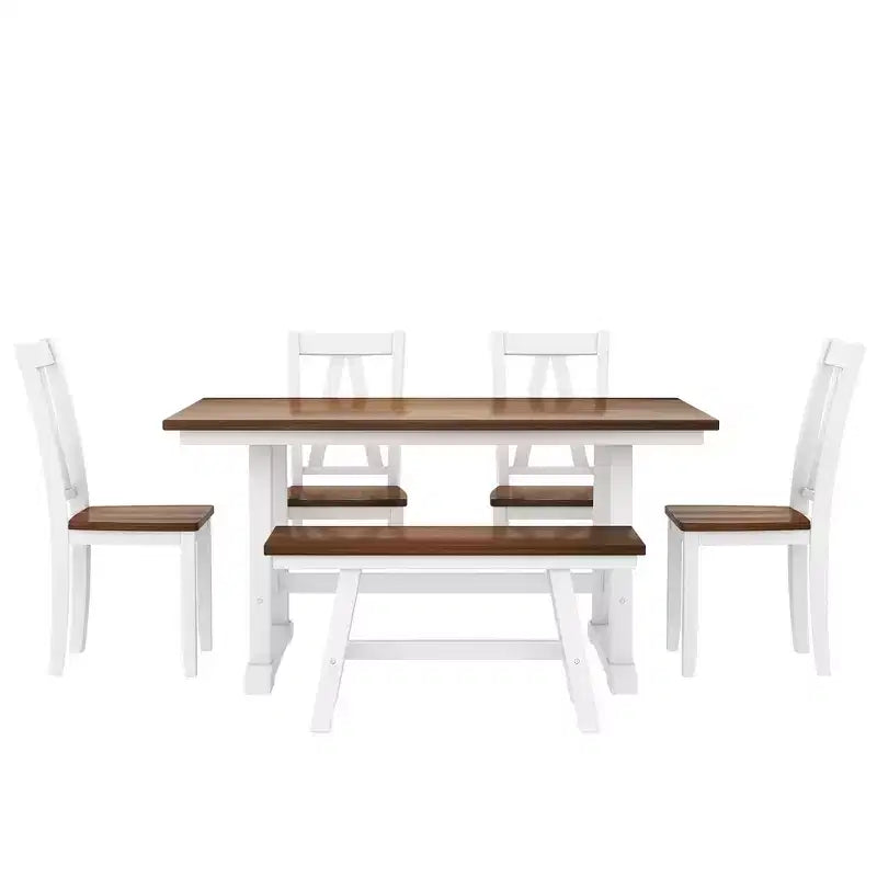 Ensemble de table à manger en bois de ferme 6 pièces avec longue banquette et 4 chaises de salle à manger - ModernLuxe
