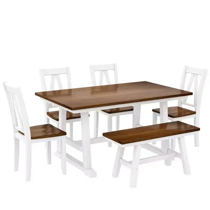 Ensemble de table à manger en bois de ferme 6 pièces avec longue banquette et 4 chaises de salle à manger - ModernLuxe